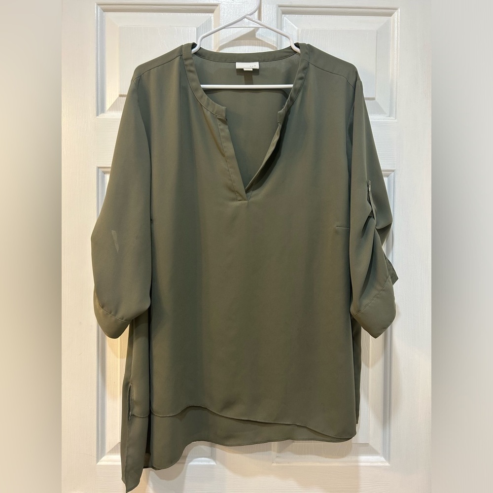 J. Jill Tiered‎ Slant Hem Blouse Olive V-Neck Roll Tab Sleeve Women Size 2X